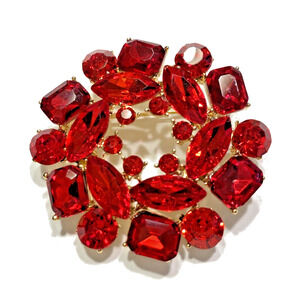 Red Rhinestone Wreath Brooch Gold Circle Statement Pin Classic Mid Century Look